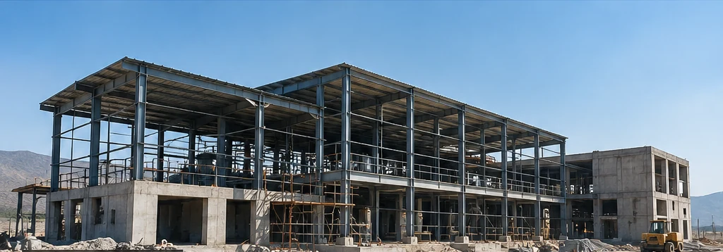 Illustrative concept of a mineral processing facility under construction, with steel framing, concrete walls and a blue sky.
